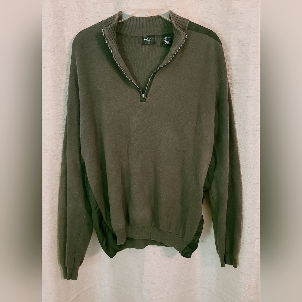 Van Heusen Sport Men's 1/4 Zip Cotton Sweater Military Shoulder - Large - Green